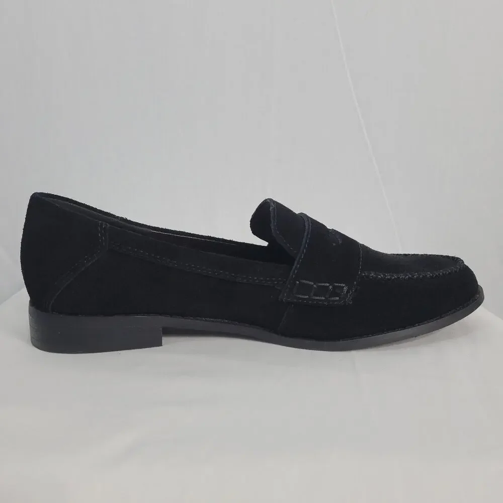 Lucky Brand Eryka Suede Penny Loafers sz 9.5M Black Preppy Poet Old Money